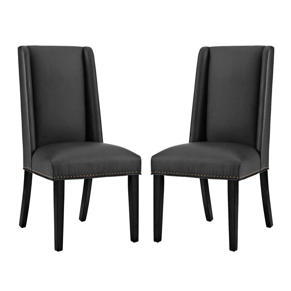 Modway Baron Modern Tall Back Wood Faux Leather Upholstered Two Dining Chairs in Black