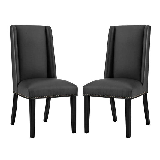 Modway Baron Modern Tall Back Wood Faux Leather Upholstered Two Dining Chairs in Black