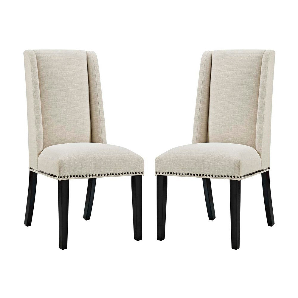 Modway Baron Modern Tall Back Wood Upholstered Fabric Two Dining Chairs in Beige