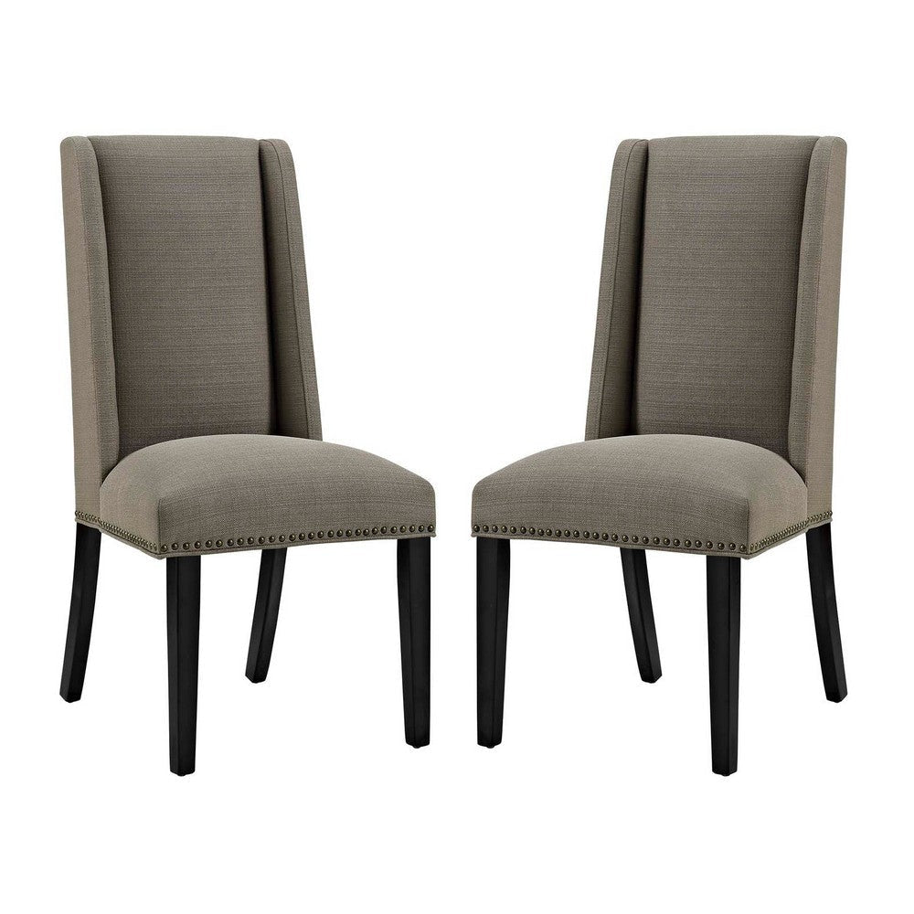 Modway Baron Modern Tall Back Wood Upholstered Fabric Two Dining Chairs in Granite