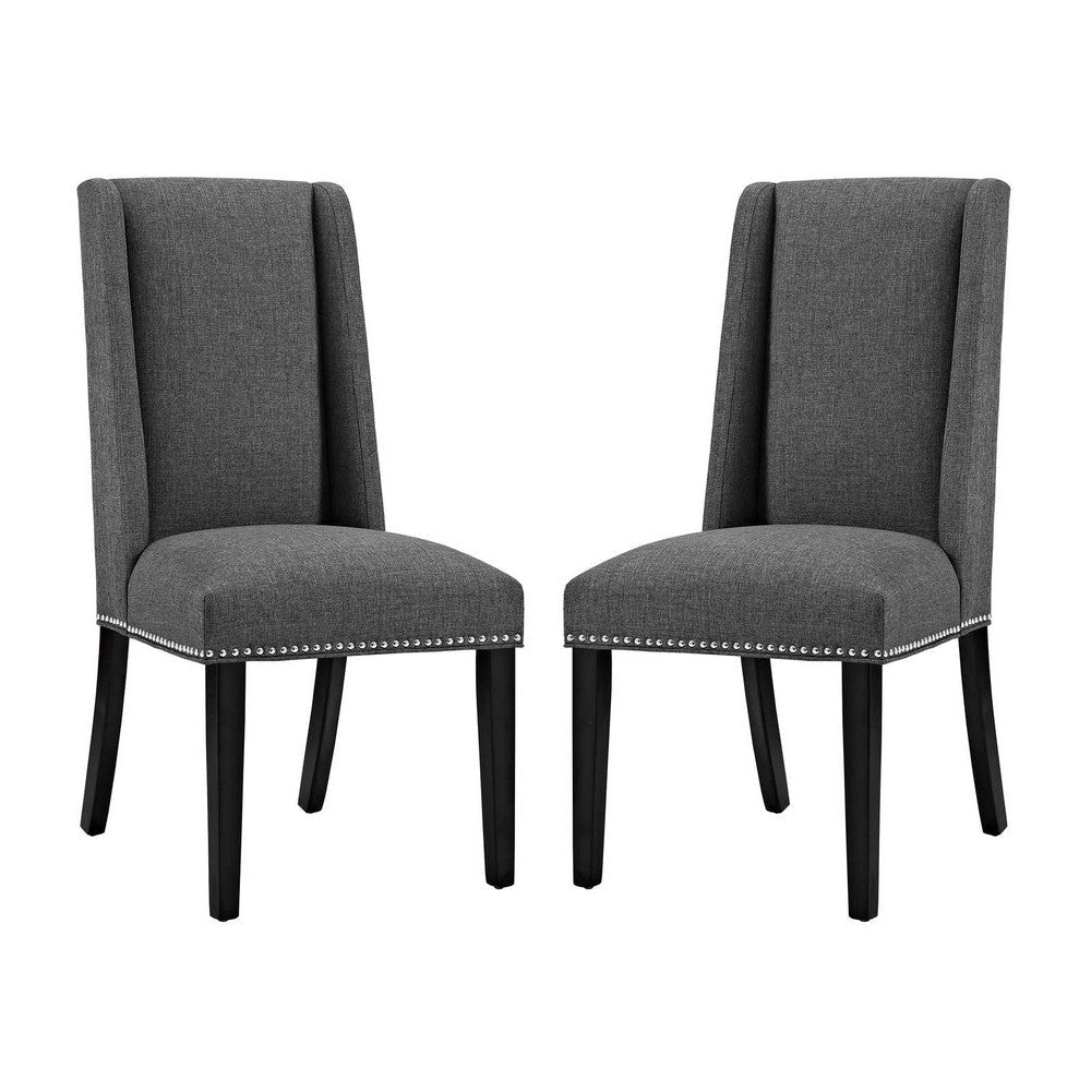 Modway Baron Modern Tall Back Wood Upholstered Fabric Two Dining Chairs in Gray