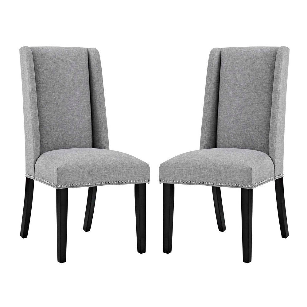 Modway Baron Modern Tall Back Wood Upholstered Fabric Two Dining Chairs in Light Gray