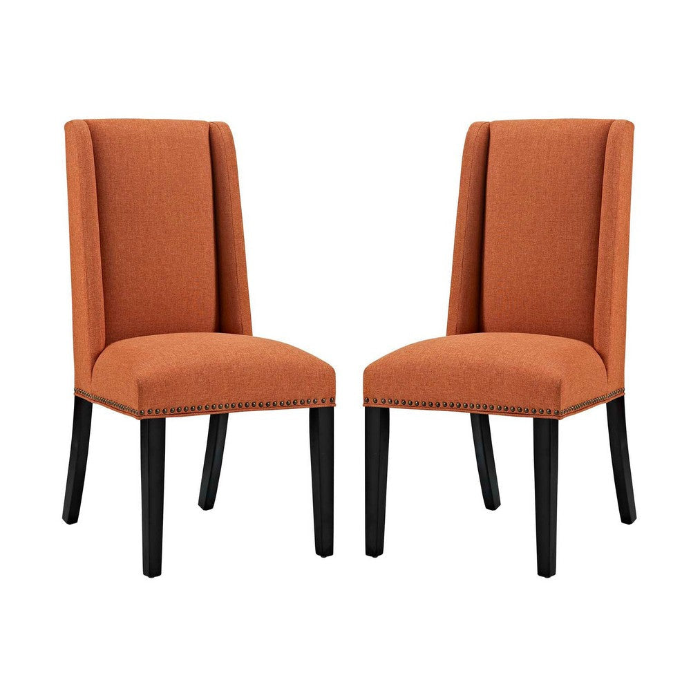 Modway Baron Modern Tall Back Wood Upholstered Fabric Two Dining Chairs in Orange