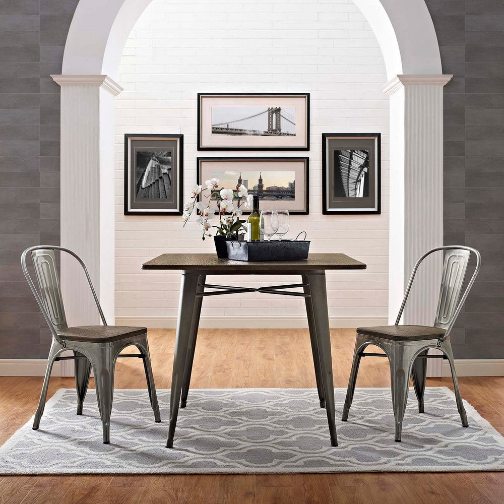 Modway Promenade Industrial Modern Steel Kitchen and Dining Room Gunmetal, Two Bamboo Side Chairs