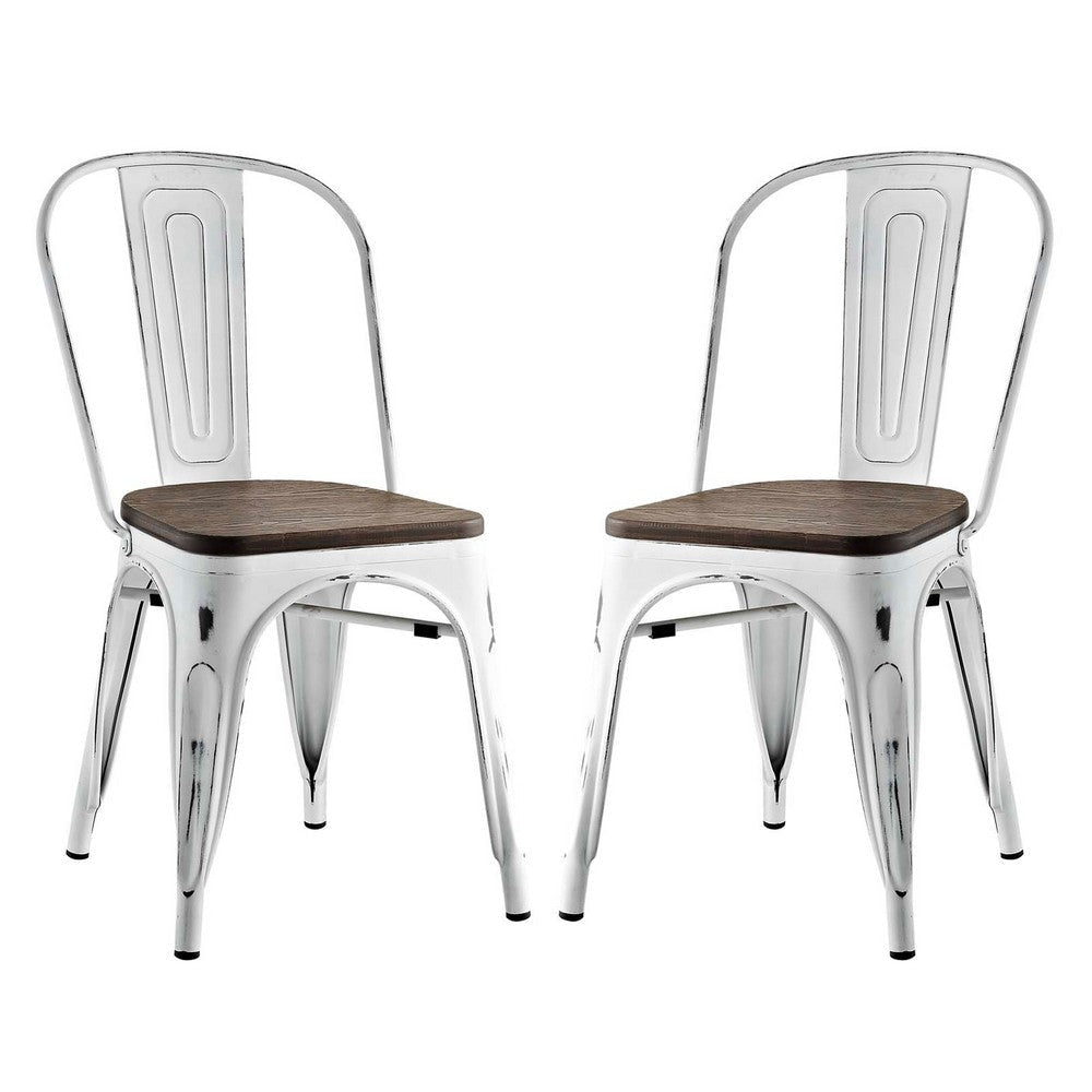 Modway Promenade Industrial Modern Steel Kitchen and Dining Room White, Two Bamboo Side Chairs