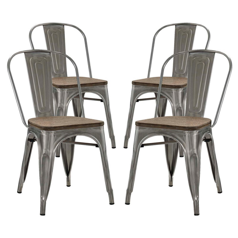 Modway Promenade Industrial Modern Steel Kitchen and Dining Room Gunmetal, Four Bamboo Side Chairs