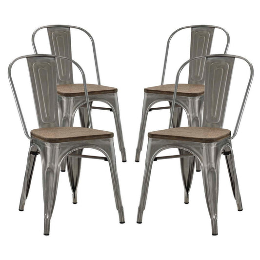 Modway Promenade Industrial Modern Steel Kitchen and Dining Room Gunmetal, Four Bamboo Side Chairs