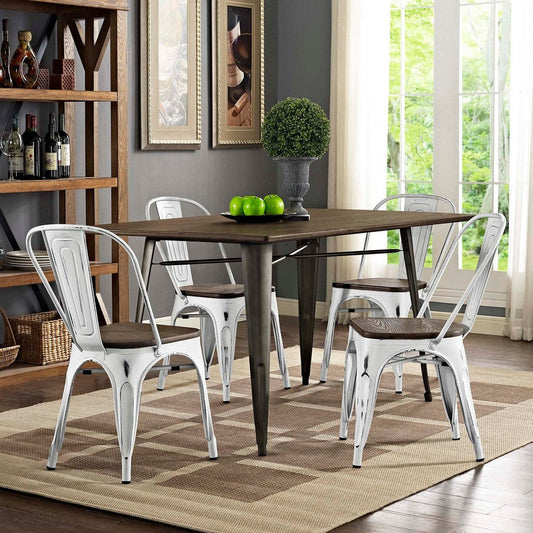 Modway Promenade Industrial Modern Steel Kitchen and Dining Room White, Four Bamboo Side Chairs