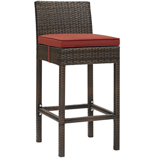 Modway Conduit Wicker Rattan Outdoor Patio Bar Stool with Cushion in Brown Currant