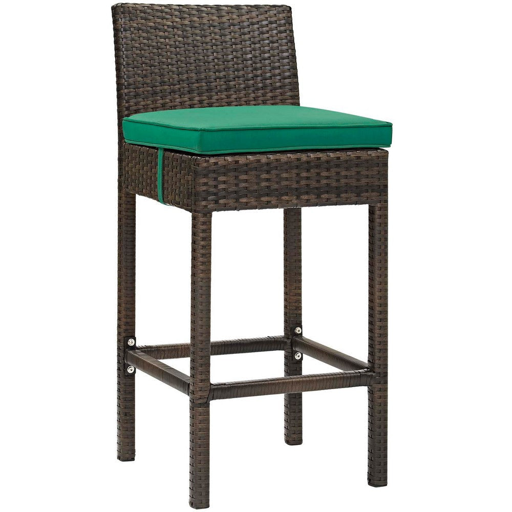 Modway Conduit Wicker Rattan Outdoor Patio Bar Stool with Cushion in Brown Green