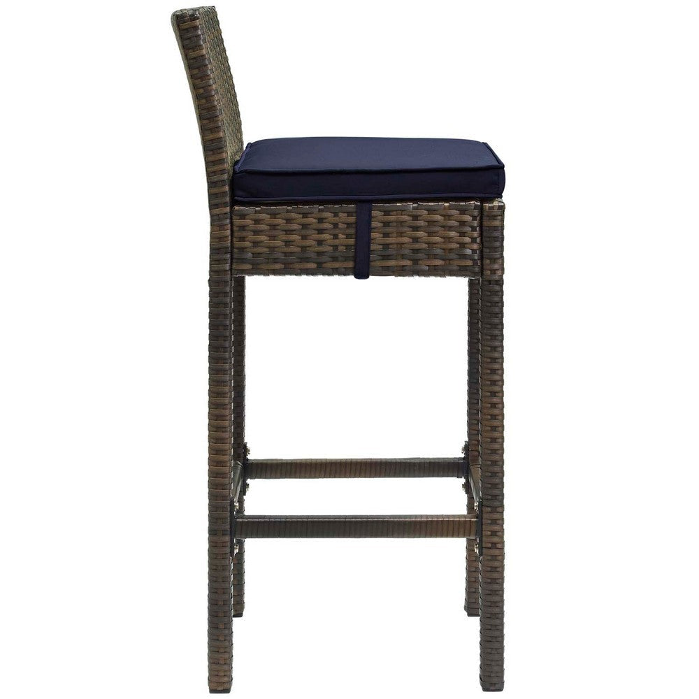 Modway Conduit Wicker Rattan Outdoor Patio Bar Stool with Cushion in Brown Navy MDY-EEI-2799-BRN-NAV