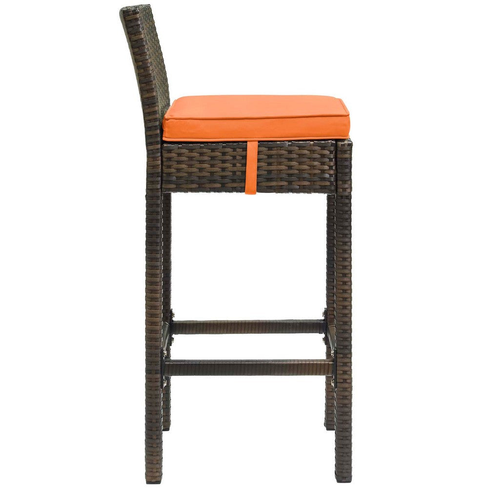 Modway Conduit Wicker Rattan Outdoor Patio Bar Stool with Cushion in Brown Orange MDY-EEI-2799-BRN-ORA