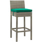 Modway Conduit Wicker Rattan Outdoor Patio Bar Stool with Cushion in Light Gray Green