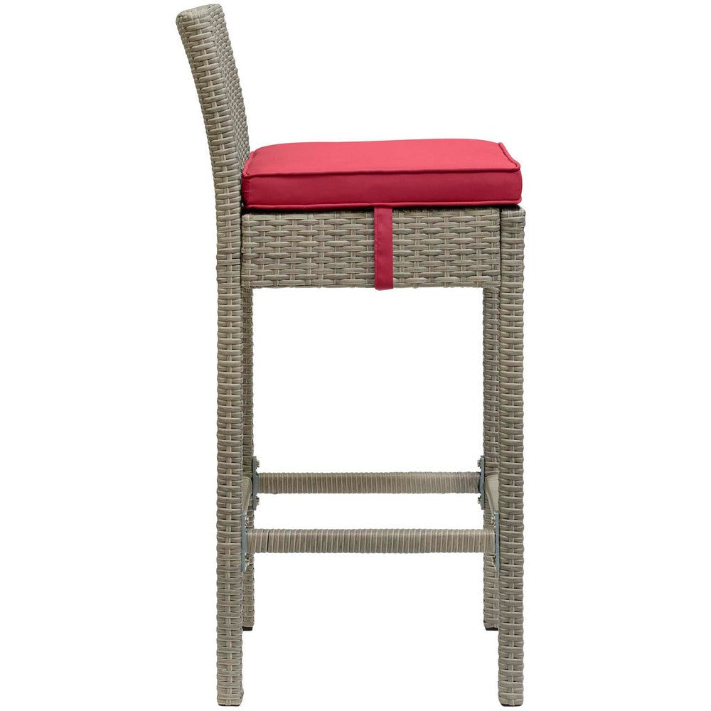 Modway Conduit Wicker Rattan Outdoor Patio Bar Stool with Cushion in Light Gray Red MDY-EEI-2800-LGR-RED