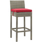 Modway Conduit Wicker Rattan Outdoor Patio Bar Stool with Cushion in Light Gray Red