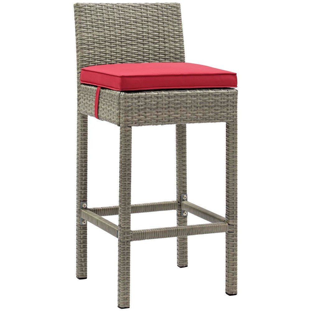 Modway Conduit Wicker Rattan Outdoor Patio Bar Stool with Cushion in Light Gray Red