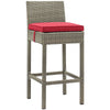 Modway Conduit Wicker Rattan Outdoor Patio Bar Stool with Cushion in Light Gray Red