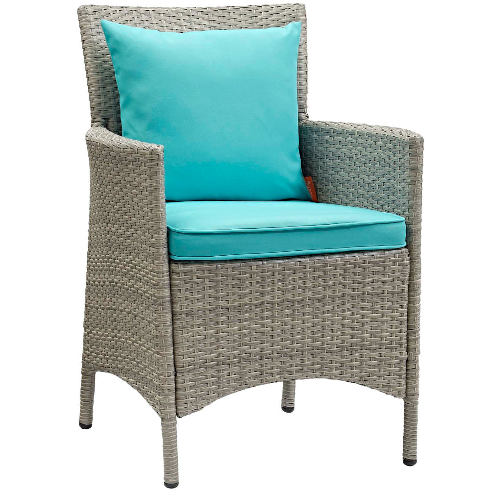 Modway Conduit Wicker Rattan Outdoor Patio Dining Arm Chair with Cushion in Light Gray Turquoise