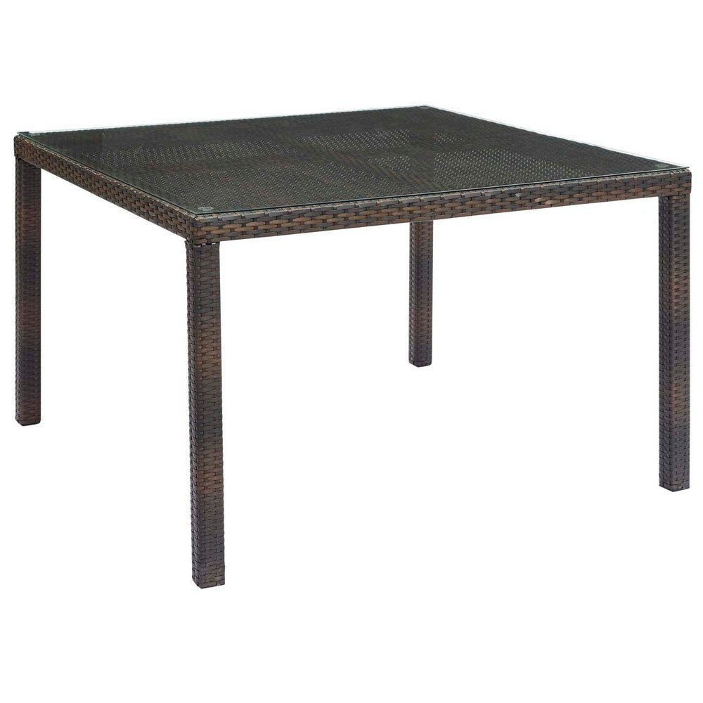 Modway Conduit Wicker Rattan Glass Outdoor Patio 47" Square Dining Table in Brown