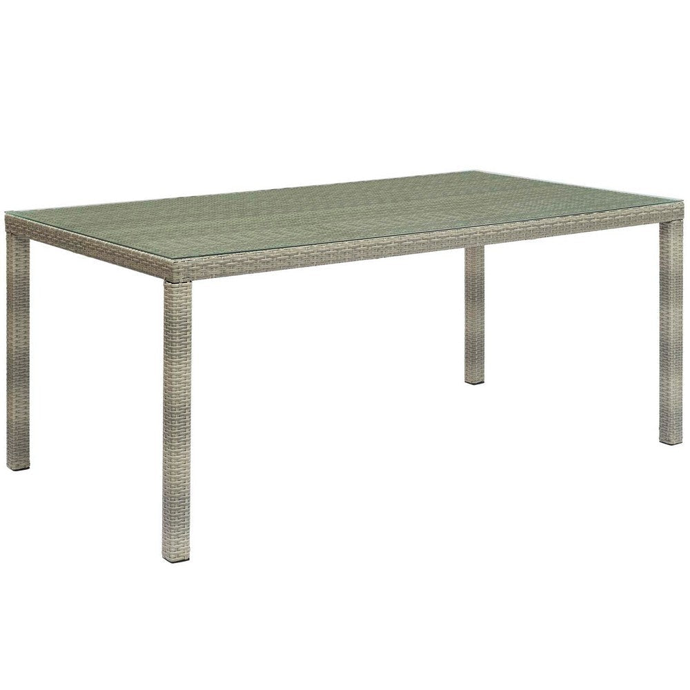 Modway Conduit Wicker Rattan Glass Outdoor Patio 70" Rectangular Dining Table in Light Gray