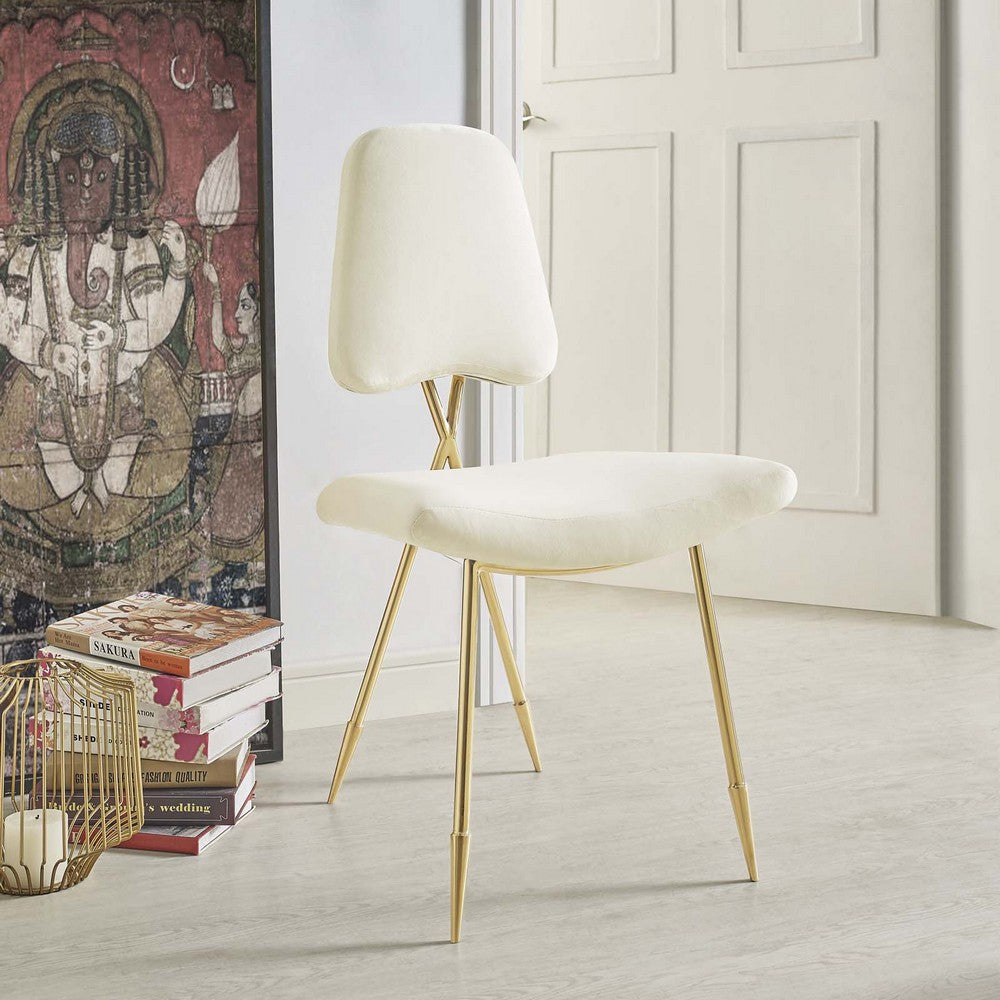 Modway Ponder Performance Velvet Upholstered Modern Dining Side Chair in Ivory with Gold Stainless Steel Legs MDY-EEI-2811-IVO