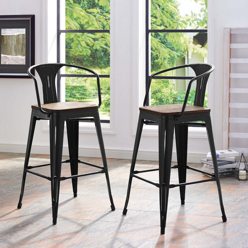 Modway Promenade Industrial Modern Steel Bistro Bar Stool with Arms and Bamboo Seat in Black