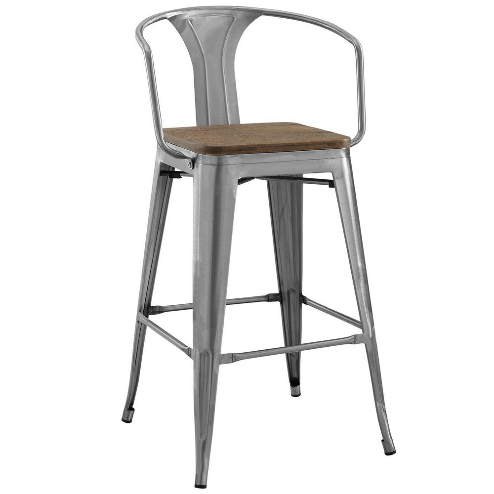 Modway Promenade Industrial Modern Steel Bistro Bar Stool with Arms and Bamboo Seat in Gunmetal