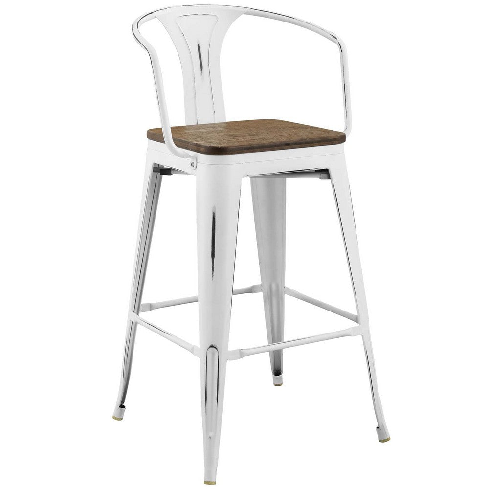 Modway Promenade Industrial Modern Steel Bistro Bar Stool with Arms and Bamboo Seat in White