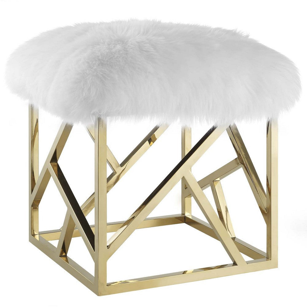 Modway Intersperse Sheepskin Ottoman With Geometric Frame in Gold White