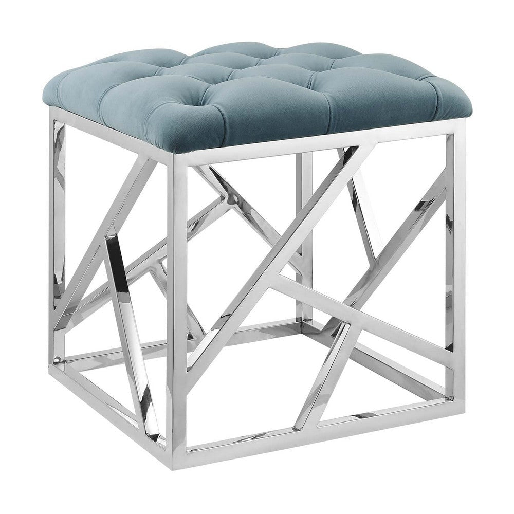 Modway Intersperse Tufted Modern Ottoman With Silver Stainless Steel Geometric Frame In Sea Blue