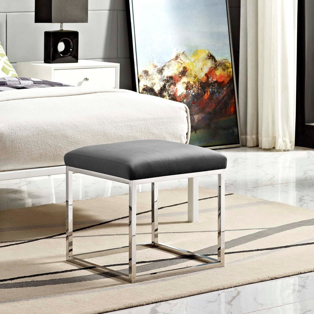 Modway Anticipate Modern Ottoman With Sheepskin Upholstery and Silver Stainless Steel Frame, White