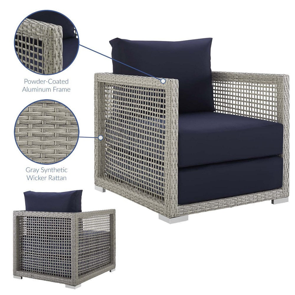 Modway Aura Wicker Rattan Outdoor Patio Arm Chair with Cushions in Gray Navy MDY-EEI-2918-GRY-NAV