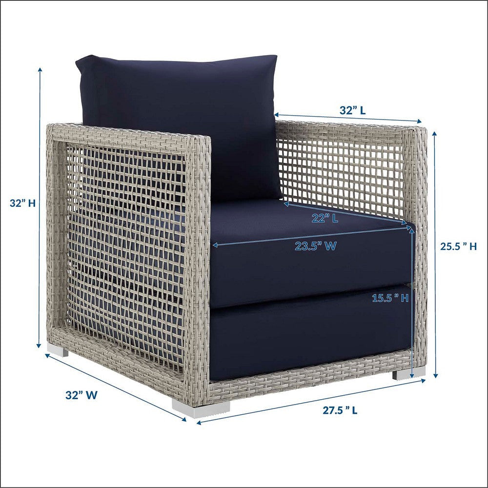 Modway Aura Wicker Rattan Outdoor Patio Arm Chair with Cushions in Gray Navy MDY-EEI-2918-GRY-NAV