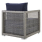 Modway Aura Wicker Rattan Outdoor Patio Arm Chair with Cushions in Gray Navy MDY-EEI-2918-GRY-NAV