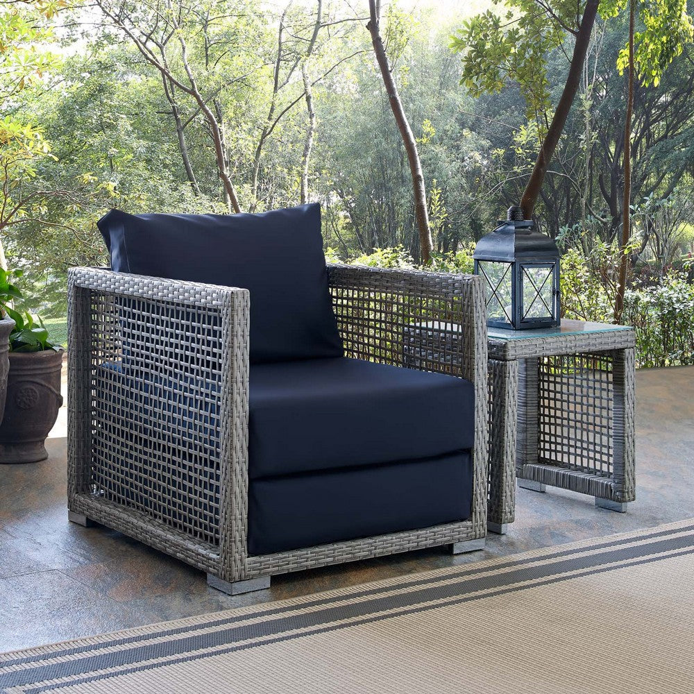 Modway Aura Wicker Rattan Outdoor Patio Arm Chair with Cushions in Gray Navy MDY-EEI-2918-GRY-NAV