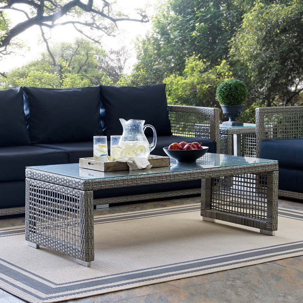 Modway Aura Wicker Rattan Outdoor Patio Tempered Glass Coffee Table in Gray