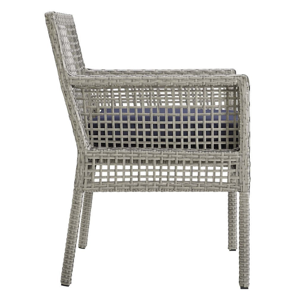 Modway Aura Wicker Rattan Outdoor Patio Dining Arm Chair with Cushion in Gray Navy MDY-EEI-2920-GRY-NAV