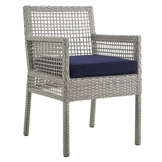 Modway Aura Wicker Rattan Outdoor Patio Dining Arm Chair with Cushion in Gray Navy