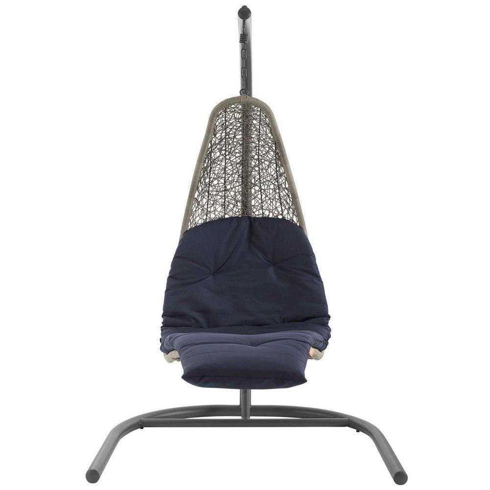 Modway Landscape Wicker Rattan Outdoor Patio Porch Chaise Lounge Hanging Swing Chair Set with Stand in Light Gray Navy MDY-EEI-2952-LGR-NAV