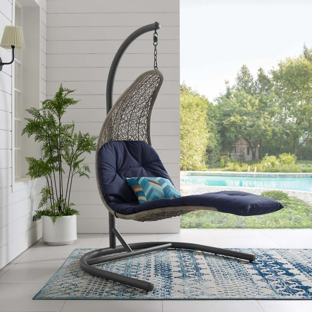 Modway Landscape Wicker Rattan Outdoor Patio Porch Chaise Lounge Hanging Swing Chair Set with Stand in Light Gray Navy MDY-EEI-2952-LGR-NAV