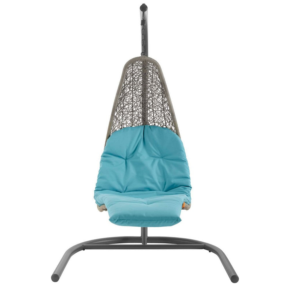 Modway Landscape Wicker Rattan Outdoor Patio Porch Chaise Lounge Hanging Swing Chair Set with Stand in Light Gray Turquoise