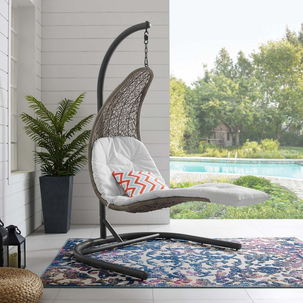 Modway Landscape Wicker Rattan Outdoor Patio Porch Chaise Lounge Hanging Swing Chair Set with Stand in Light Gray White MDY-EEI-2952-LGR-WHI