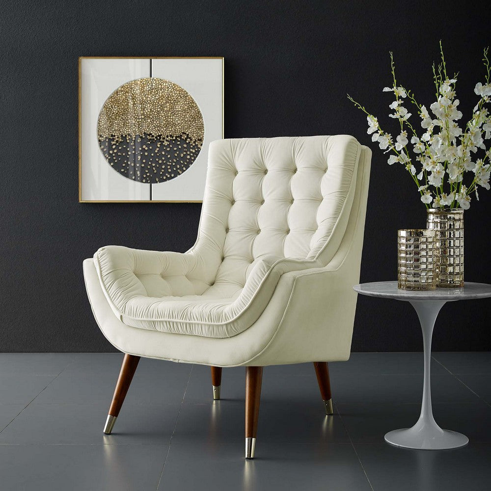 Modway Suggest Button Tufted Upholstered Velvet Lounge Chair Ivory MDY-EEI-3001-IVO