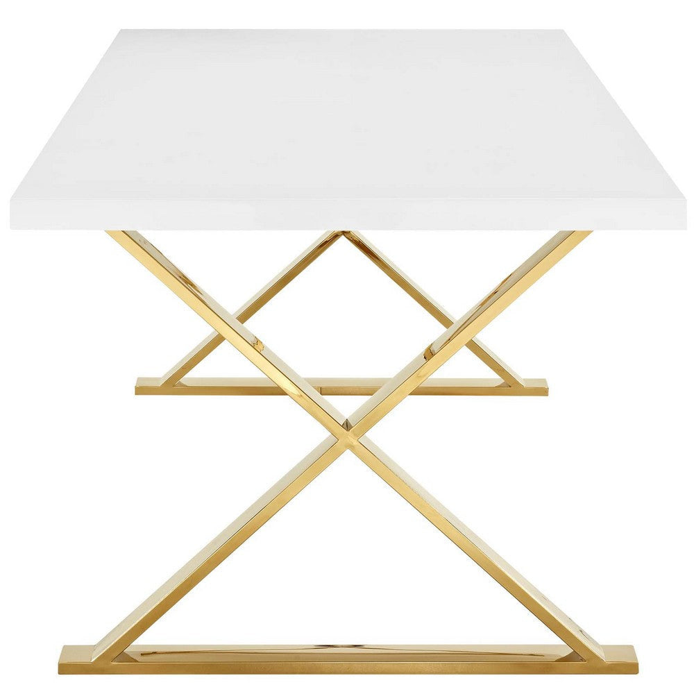 Modway Sector 87’’ Modern Dining Table with Gold Stainless Steel Metal X-Base in White Gold MDY-EEI-3034-WHI