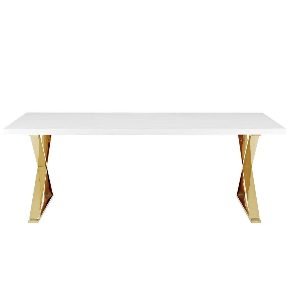 Modway Sector 87’’ Modern Dining Table with Gold Stainless Steel Metal X-Base in White Gold MDY-EEI-3034-WHI