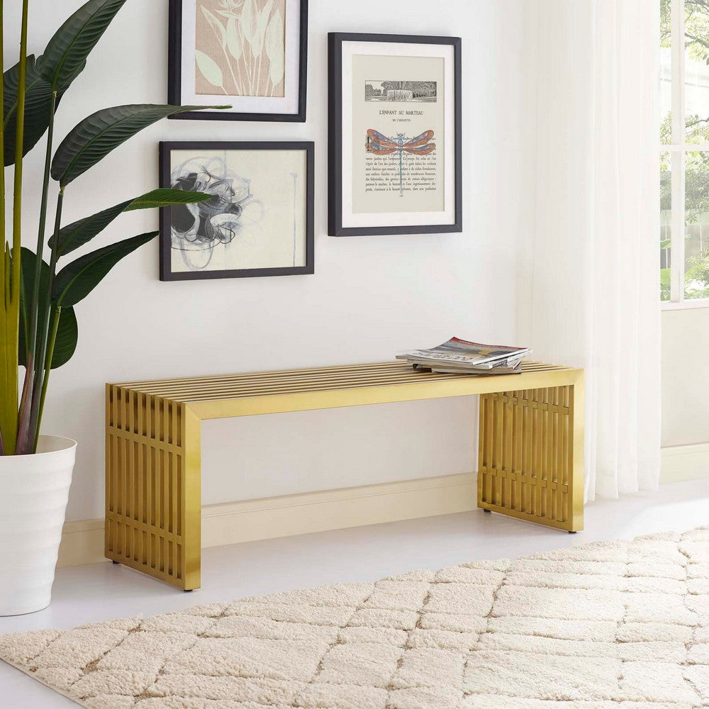 Modway Gridiron Contemporary Modern Gold Stainless Steel Medium Bench, 46.5"