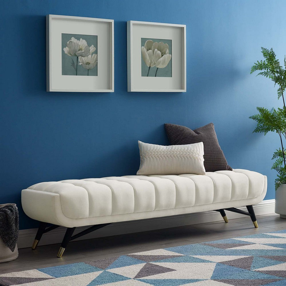 Mid-Century Modern Velvet Upholstered Tufted Accent Bench in Ivory By Modway