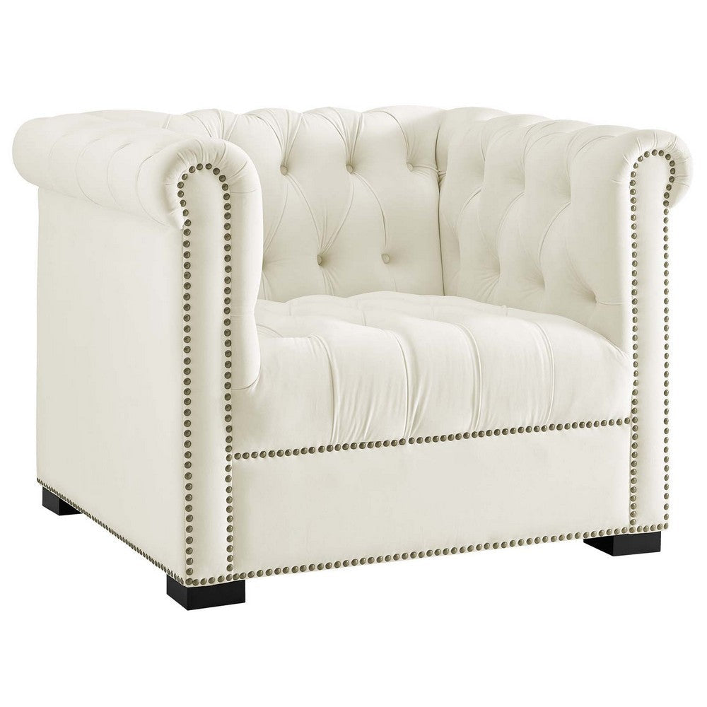 Modway Heritage Tufted Velvet Modern Chesterfield Lounge with Nailhead Trim, Armchair, Ivory