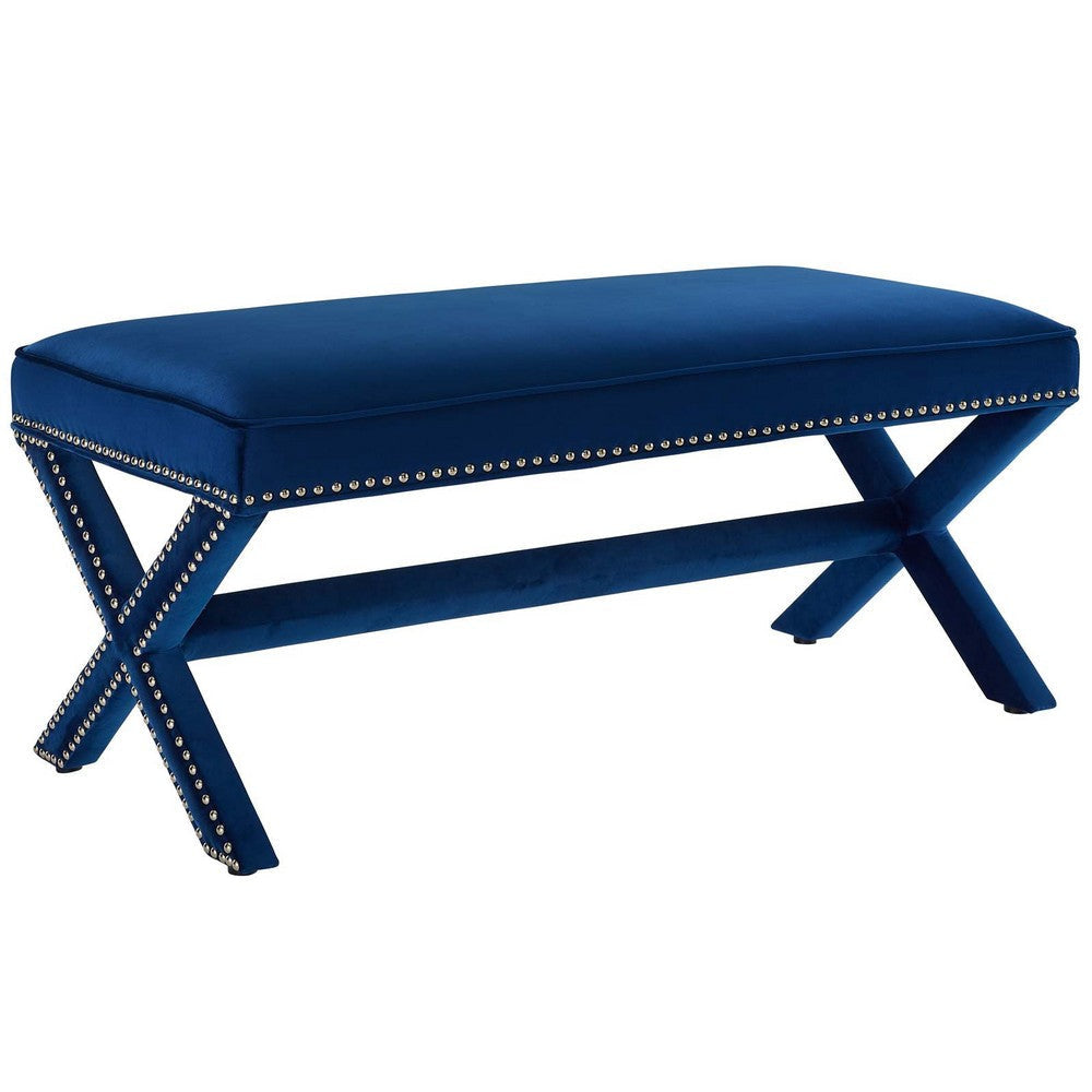 Modway Rivet Contemporary Modern Upholstered Velvet X-Base Accent Bench With Nailhead Trim In Navy