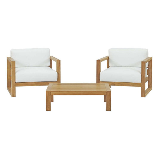 Modway Upland Teak Wood Outdoor Patio 3-Piece Sectional Sofa Set with Cushions in Natural White